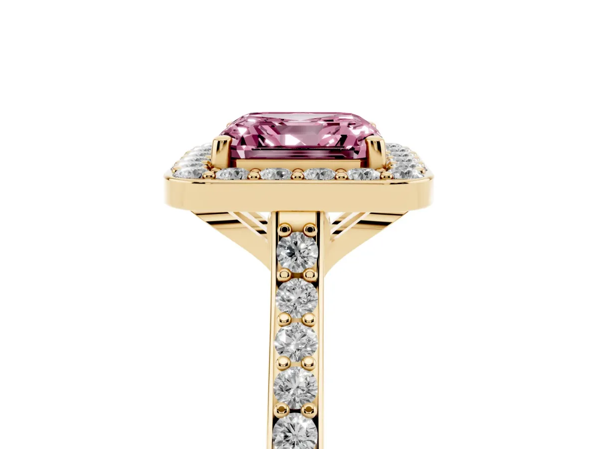 Fancy Pink Asscher Cut Diamond Halo Engagement Ring with Round Pavé Shoulders and Prong Setting Yellow gold