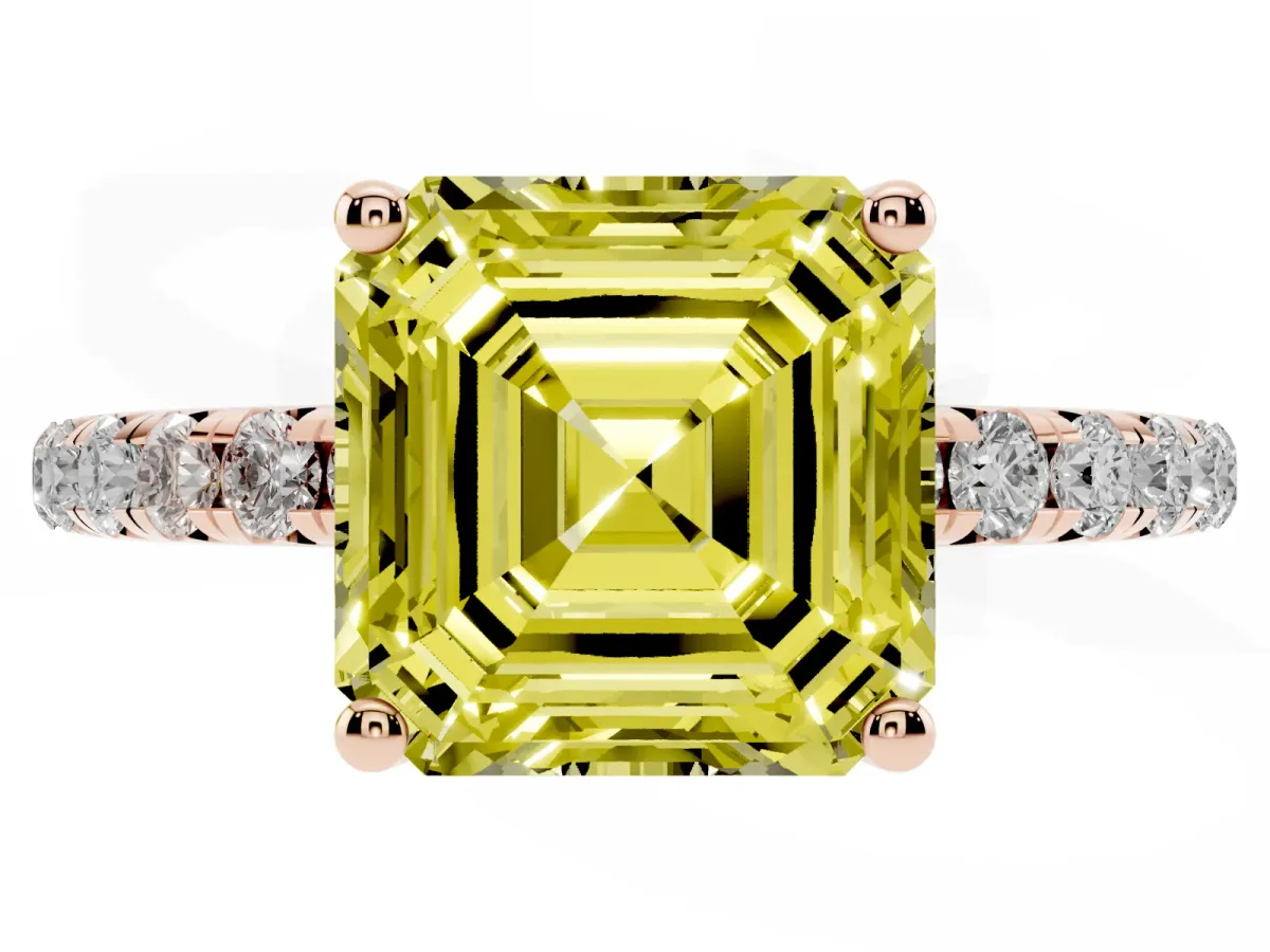 Fancy Yellow Asscher Cut Cut Diamond Solitaire Ring with Micro Pave Band and Four Prong Setting Rose gold