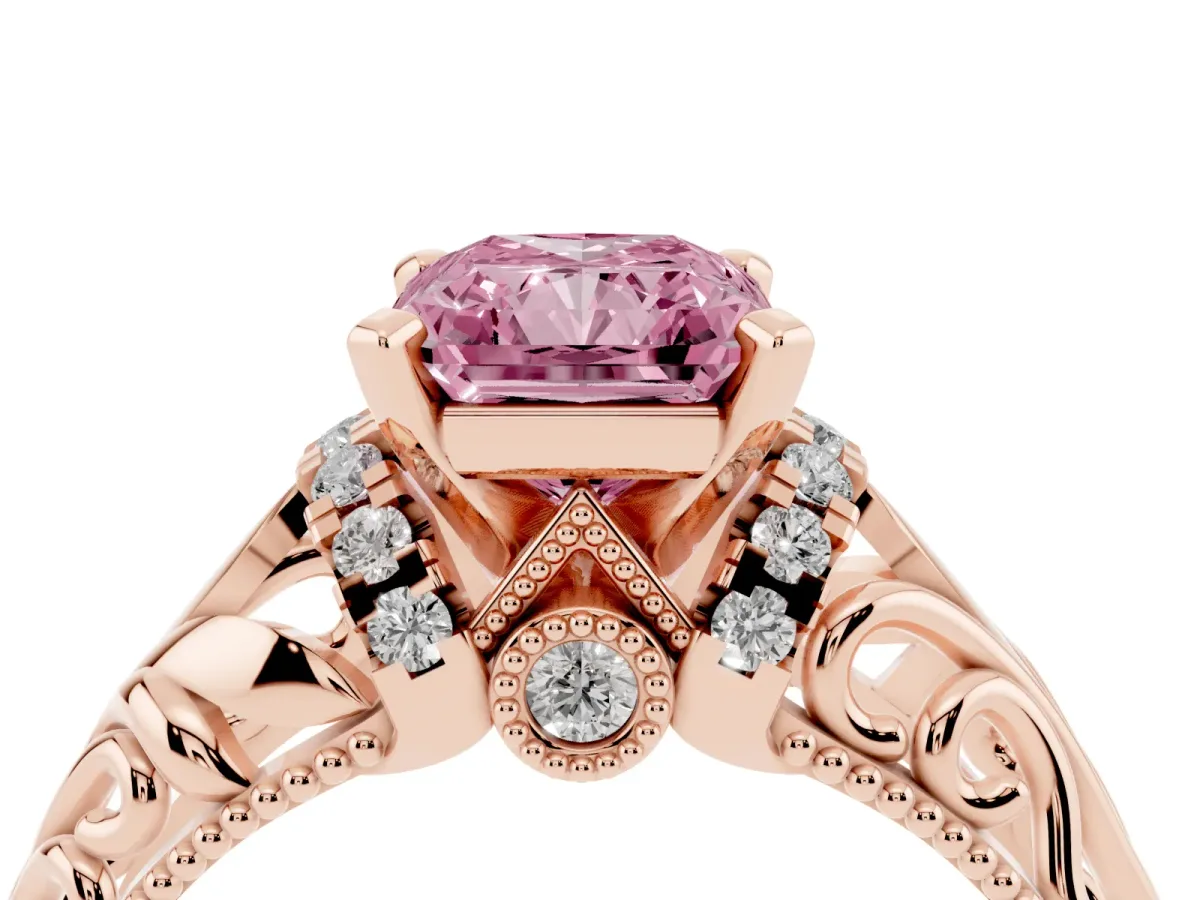 Fancy Pink Radiant Cut Solitaire Filigree Engagement Ring with Halo and Prong Setting Rose gold
