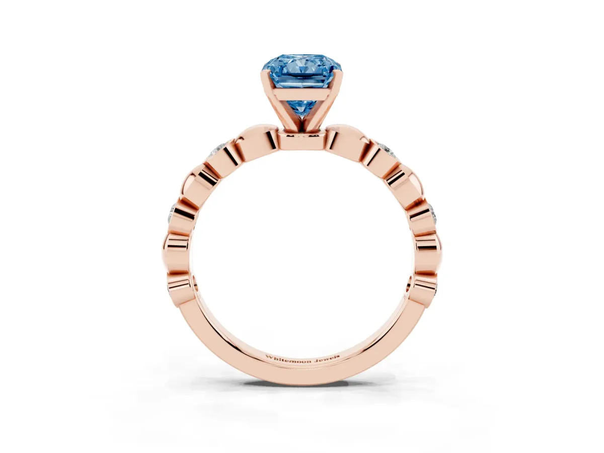 Fancy Blue Radiant Cut Solitaire Bezel-Set Diamond Ring with Beaded Band and Four-Prong Setting Rose gold