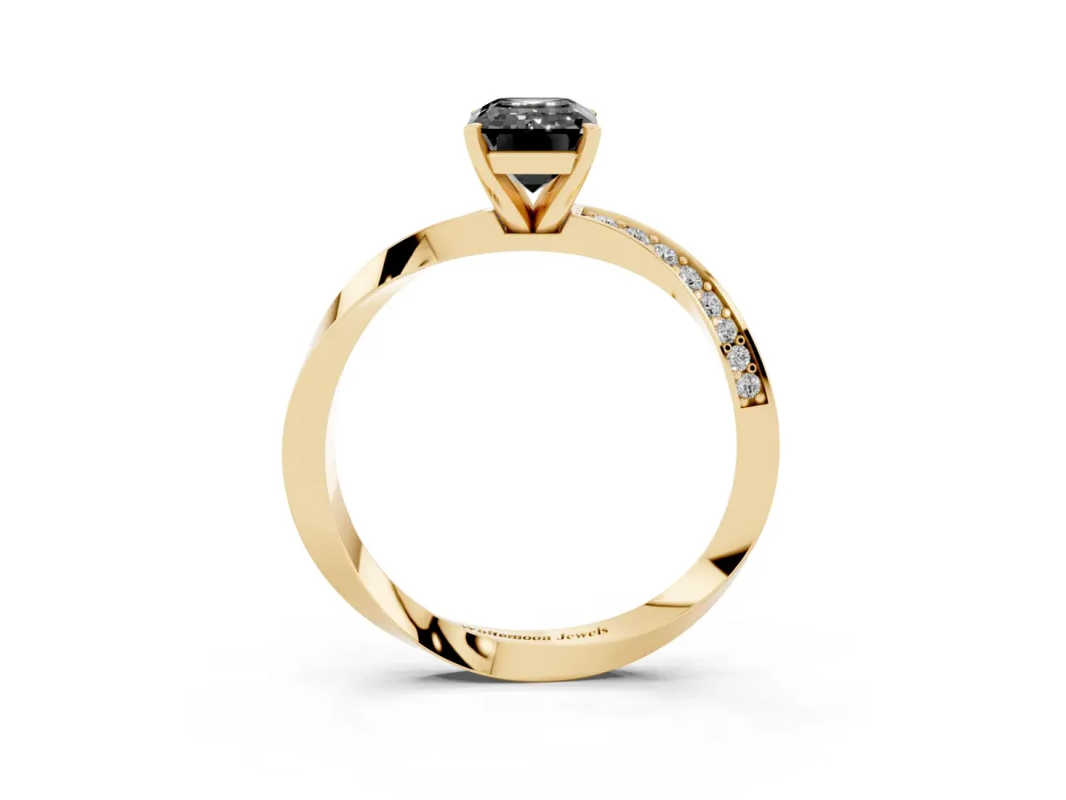 Fancy Black Emerald Cut Diamond Engagement Ring with Side Stone Accents and Four-Prong Setting Yellow gold