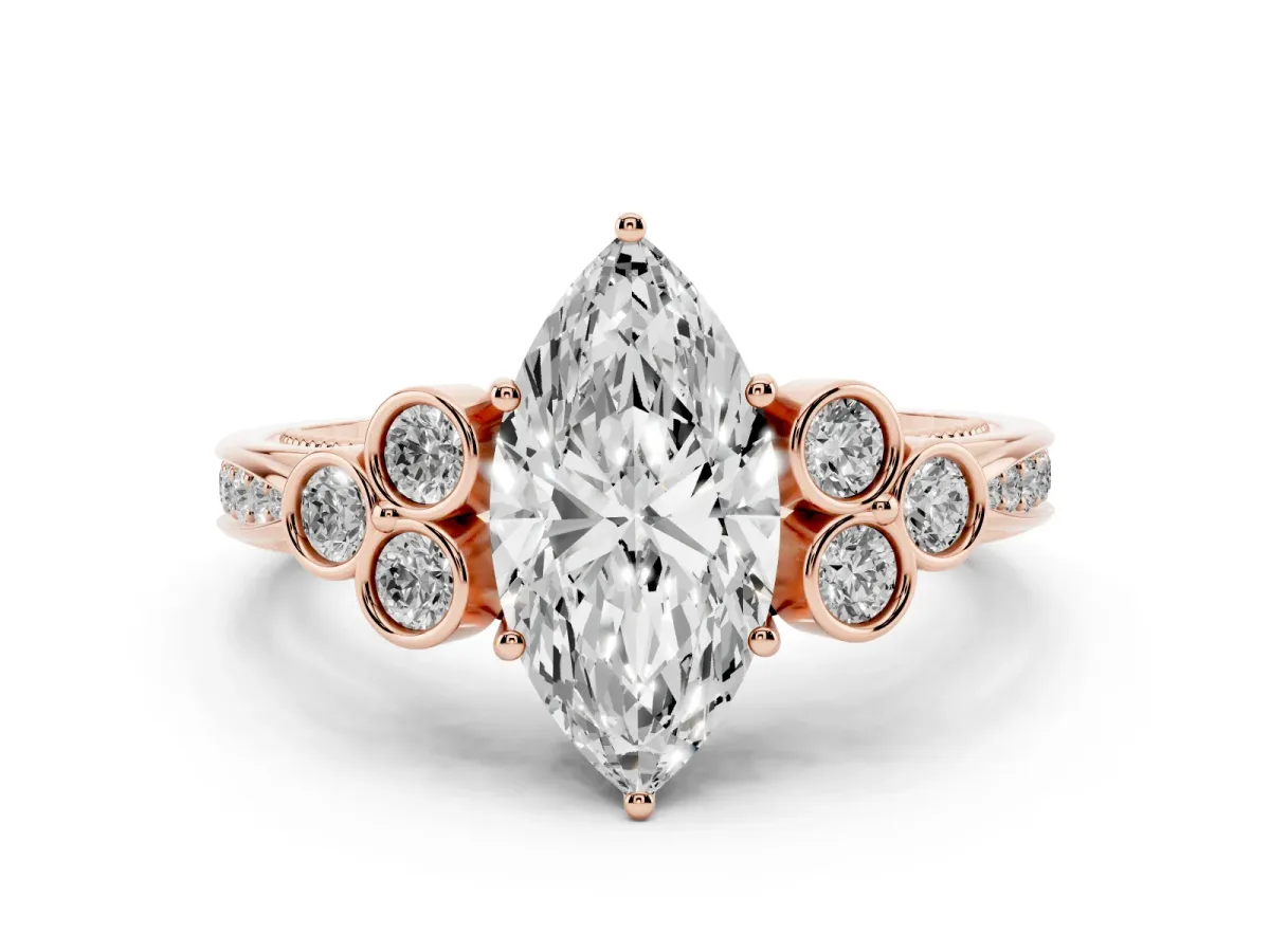 Marquise Cut Cut Diamond Engagement Ring with Bezel Set Round Side Stones and Prong Setting Rose gold