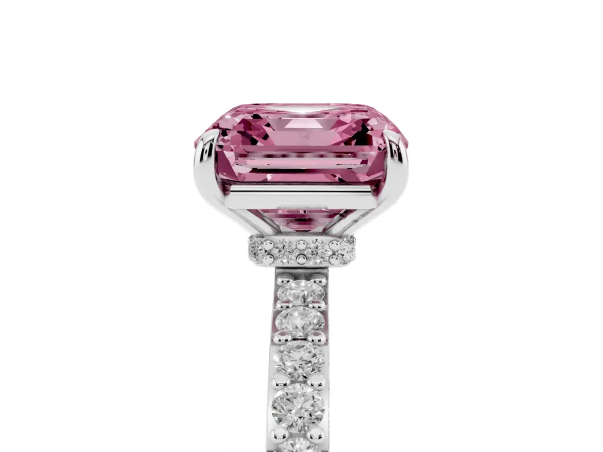 Fancy Pink Asscher Cut Diamond Pavé Engagement Ring with Round Accents and Prong Setting White gold