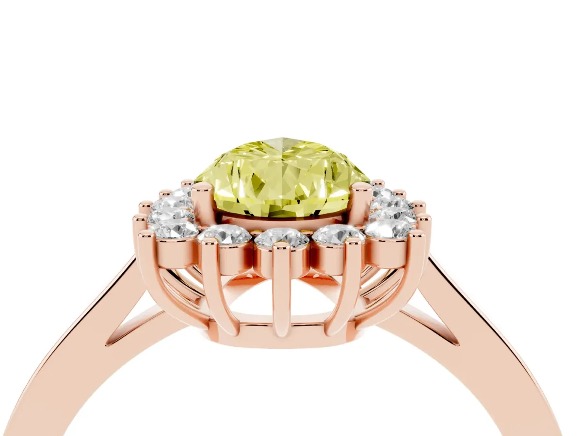 Fancy Yellow Pear Cut Cut Diamond Halo Ring with Round Brilliant Halo and Solitaire Band Rose gold