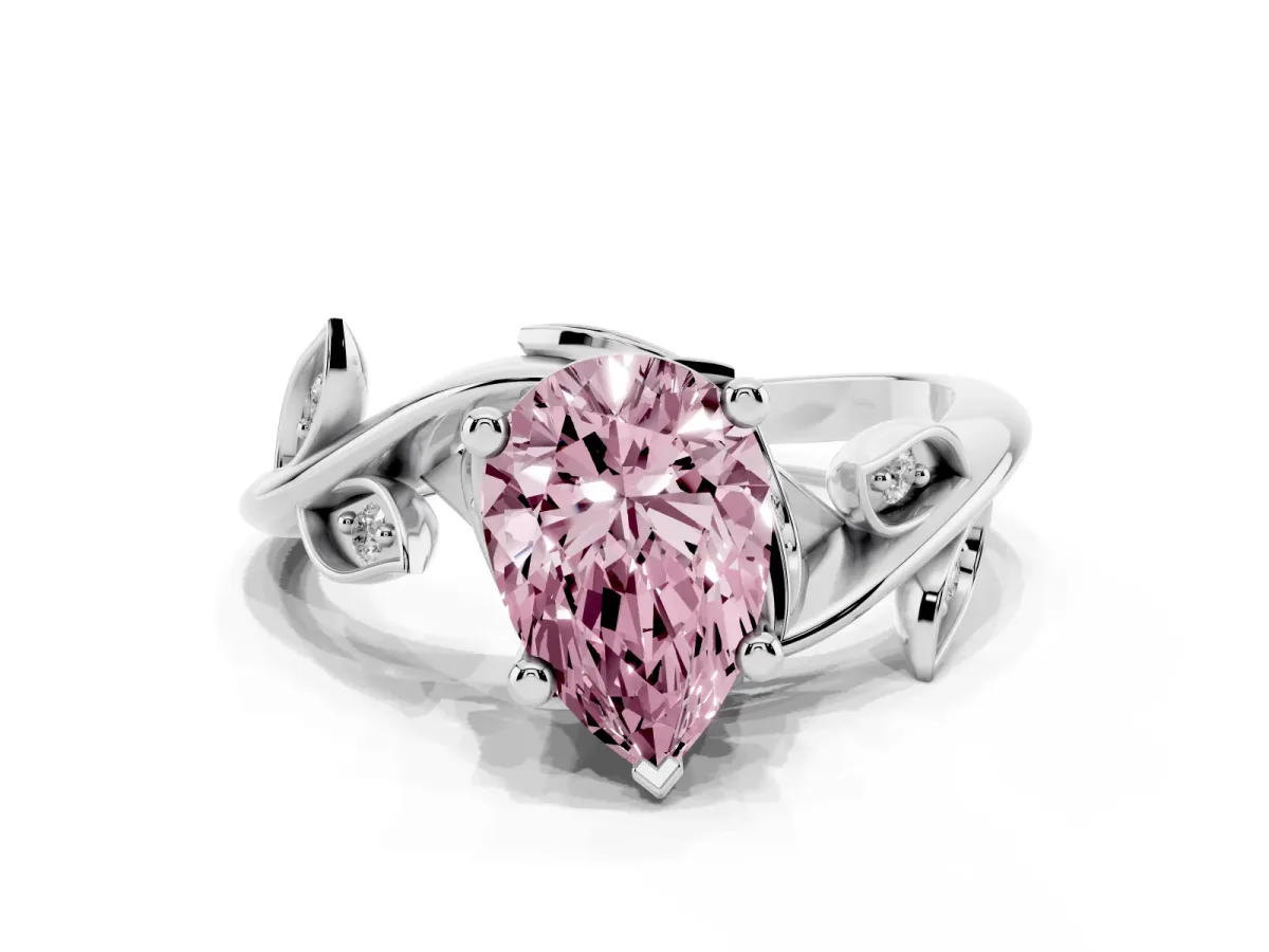 Fancy Pink Pear Cut Solitaire Twist Engagement Ring with Leaf Accents and Prong Setting Silver