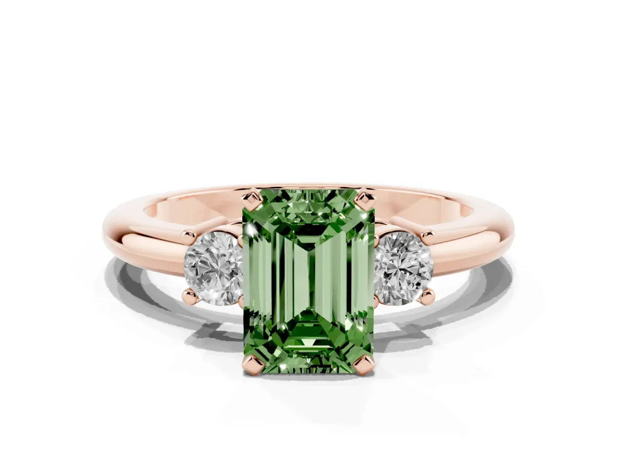 Fancy Green Three-Stone Emerald Cut Cut Diamond Solitaire with Prong Setting and Classic Band Rose gold