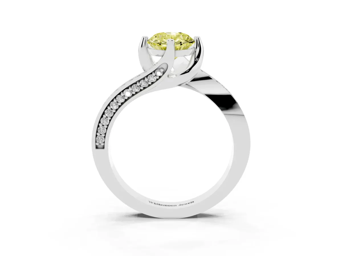 Fancy Yellow Oval Cut Solitaire Diamond Twist Band with Pavé Setting and Four-Prong Setting Platinum