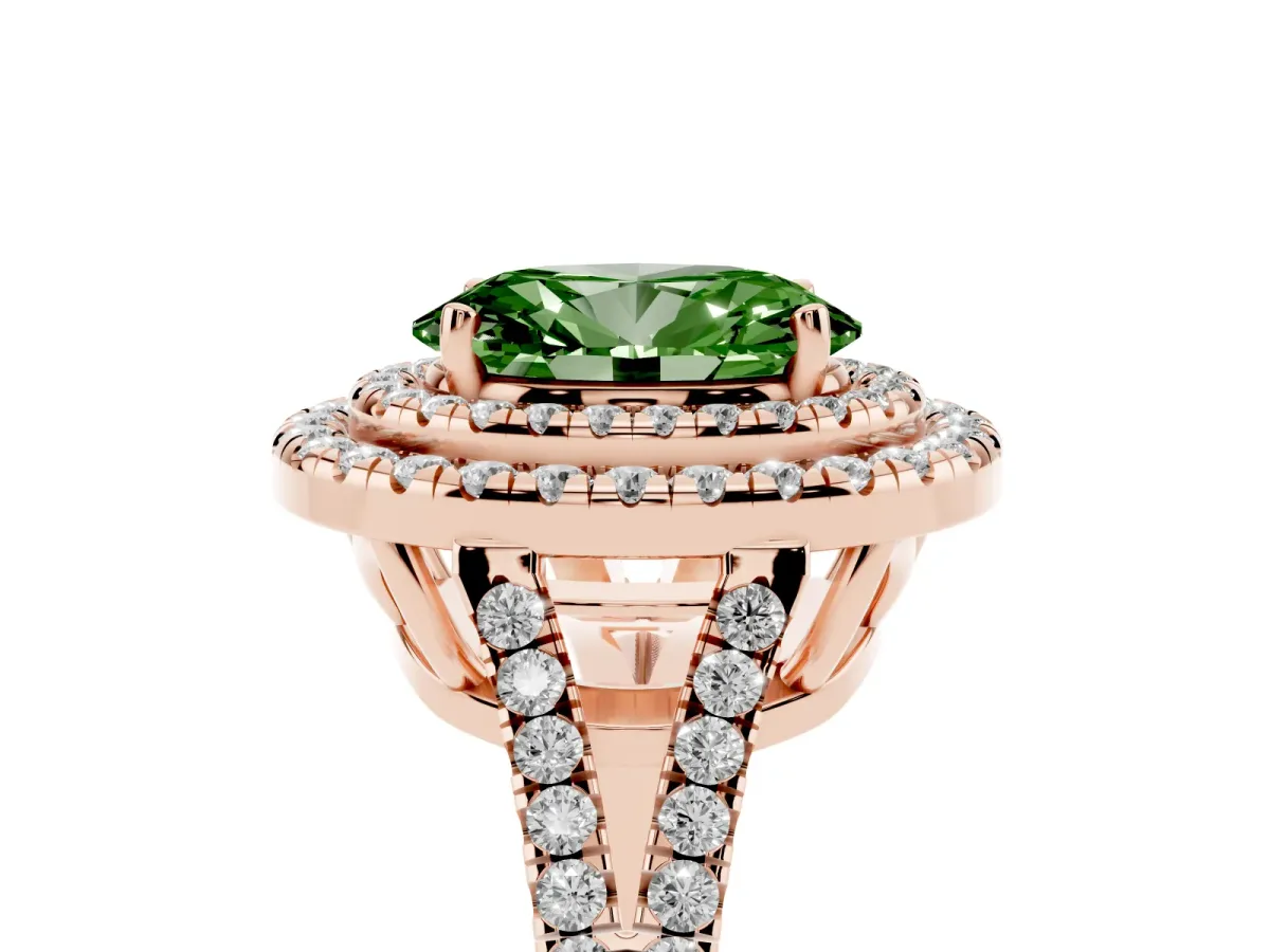 Fancy Green Oval Cut Diamond Double Halo Ring with Pavé Band and Prong Setting Rose gold