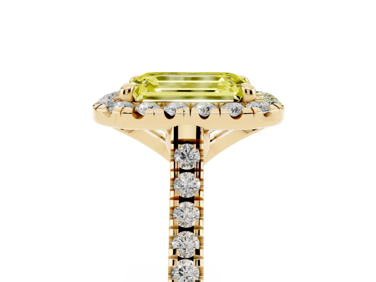 Fancy Yellow Emerald Cut Diamond Cushion Halo Ring with Pavé Band Yellow gold