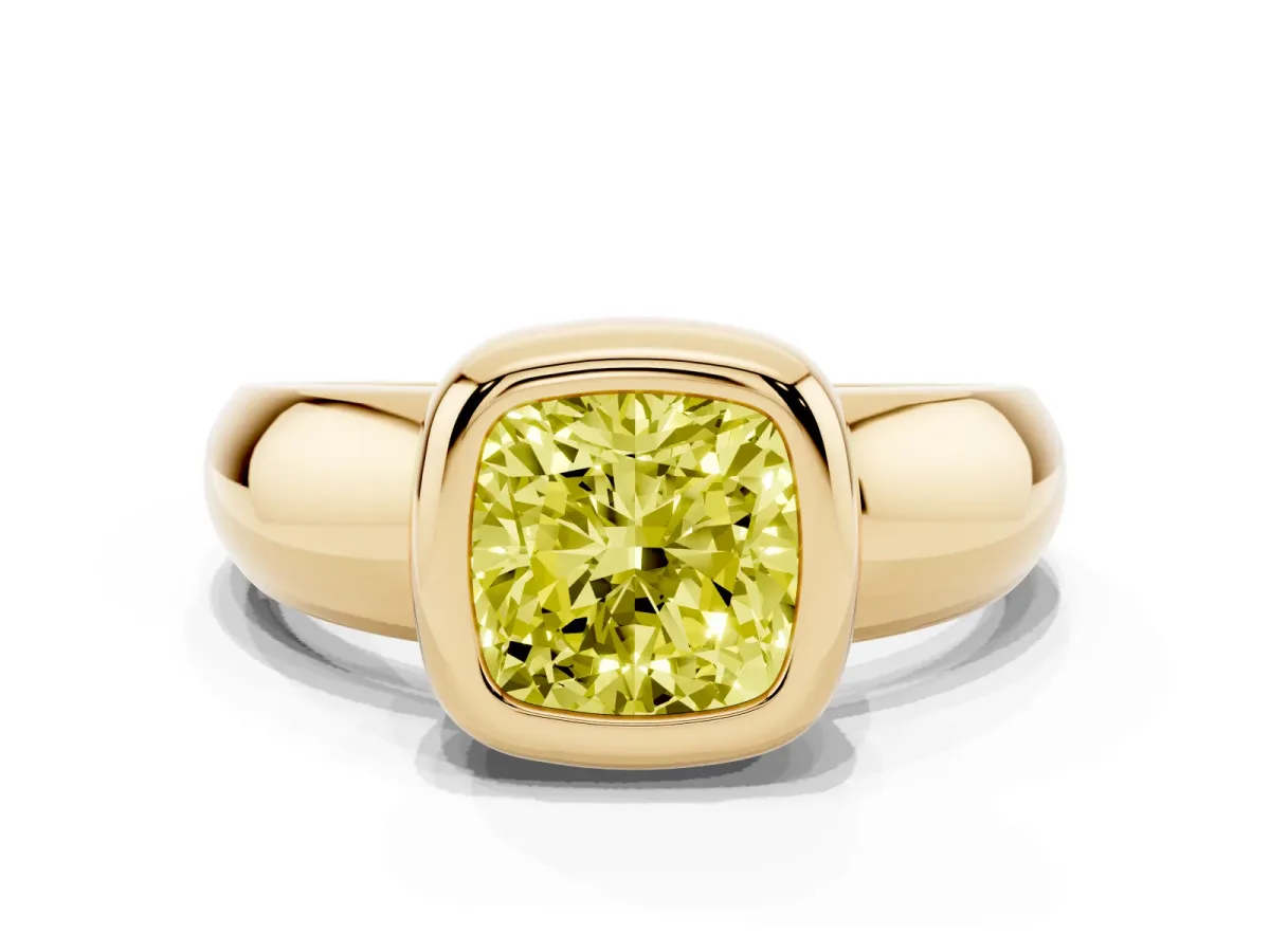 Fancy Yellow Bezel Set Cushion Cut Solitaire Ring with Wide Band Yellow gold