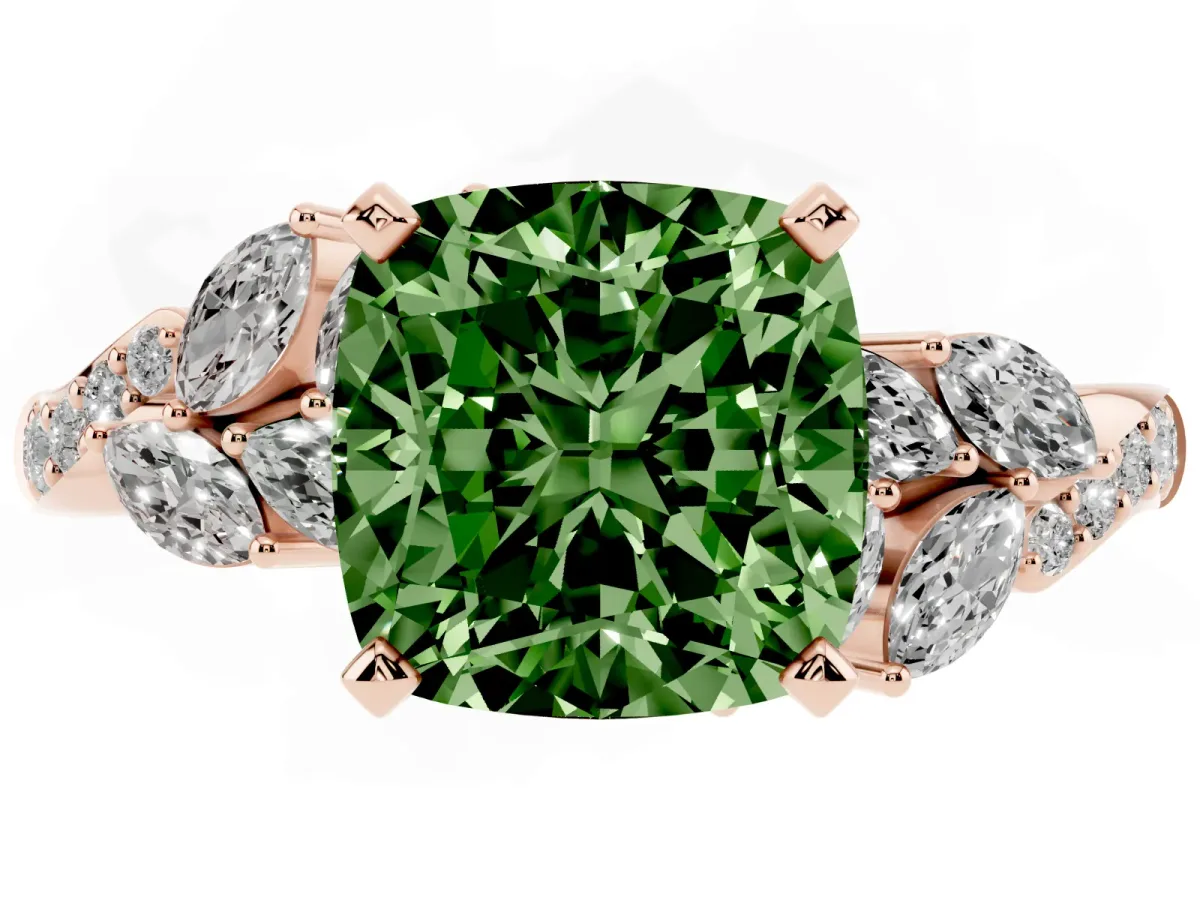 Fancy Green Cushion Cut Solitaire Marquise Twist Band with Six-Prong Setting Rose gold