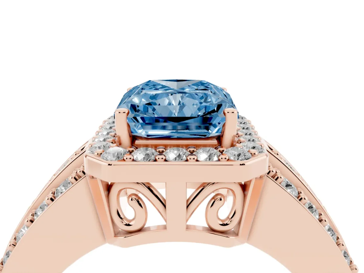 Fancy Blue Radiant Cut Halo Diamond Ring with Round Split Shank and Prong Setting Rose gold