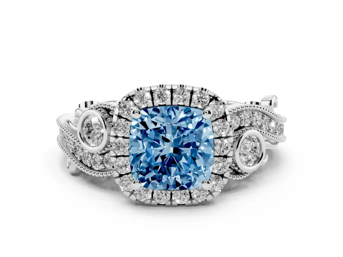 Fancy Blue Cushion Cut Halo Diamond Ring with Milgrain and Bezel Accents on a Split Shank Band White gold