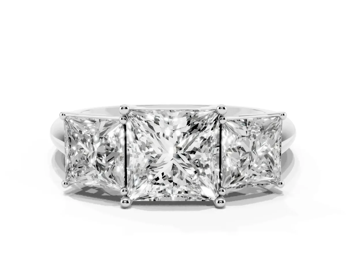 Three-Stone Princess Cut Cut Diamond Engagement Ring with Prong Setting on a White Gold Band Silver
