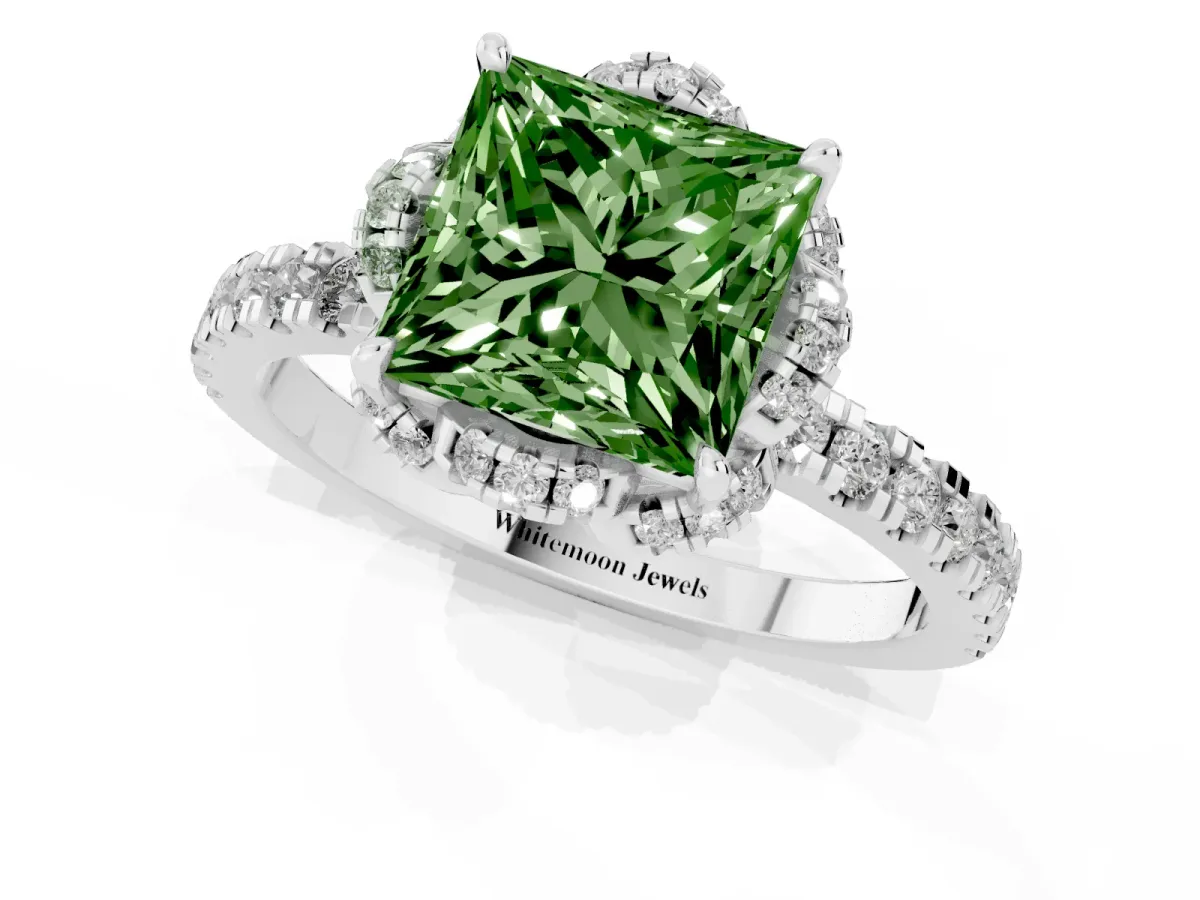 Fancy Green Princess Cut Diamond Halo Pave Band with Four-Prong Setting Platinum