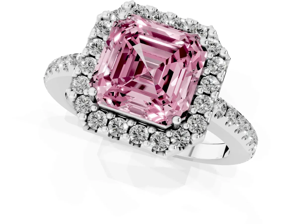 Fancy Pink Asscher Cut Diamond Pavé Halo Ring with Four-Prong Setting Silver