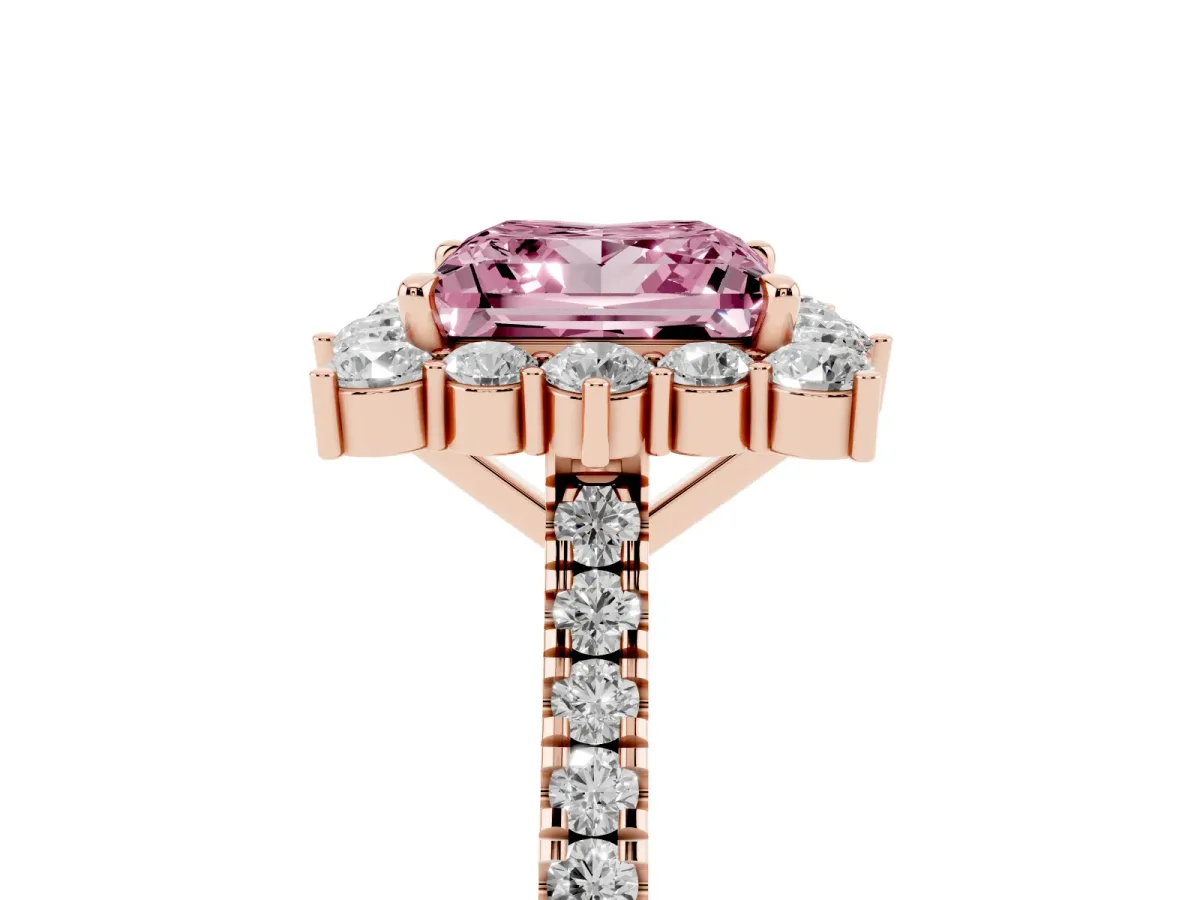 Fancy Pink Princess Cut Halo Diamond Ring with Pavé Band and Prong Setting Rose gold