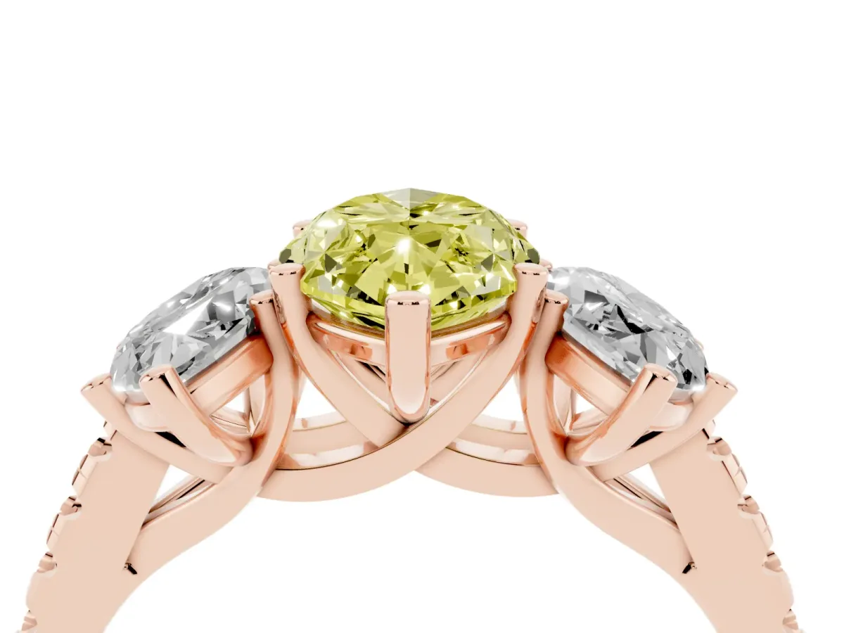 Fancy Yellow Three-Stone Marquise Cut Diamond Ring with Round Pavé Band and Prong Setting Rose gold