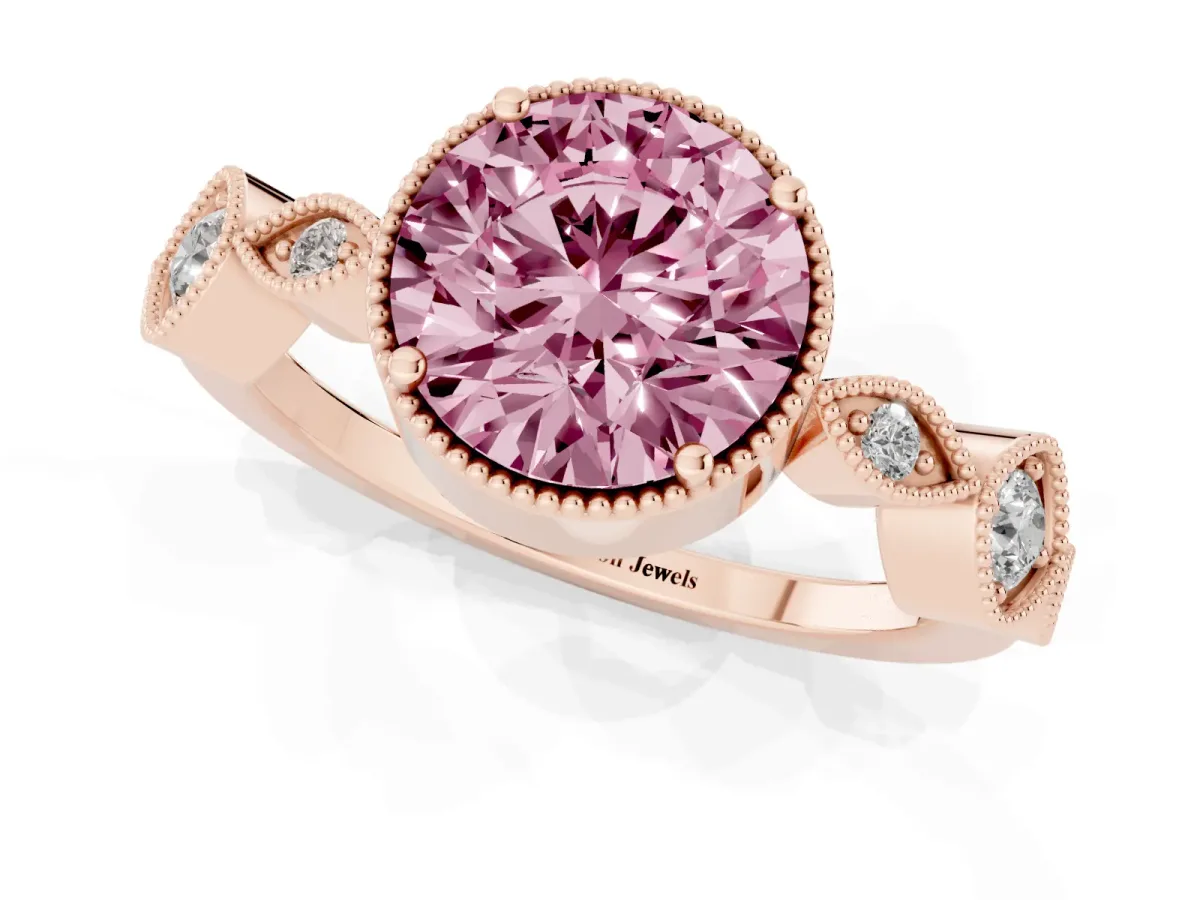Fancy Pink Round Cut Diamond Vintage Milgrain Ring with Round Stations Rose gold