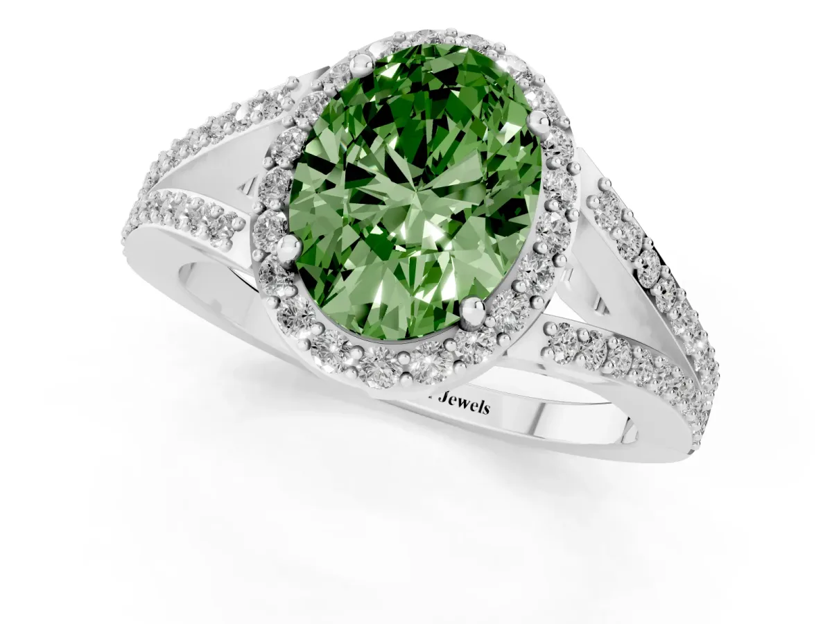 Fancy Green Oval Cut Halo Split Shank Diamond Ring with Prong Setting Silver