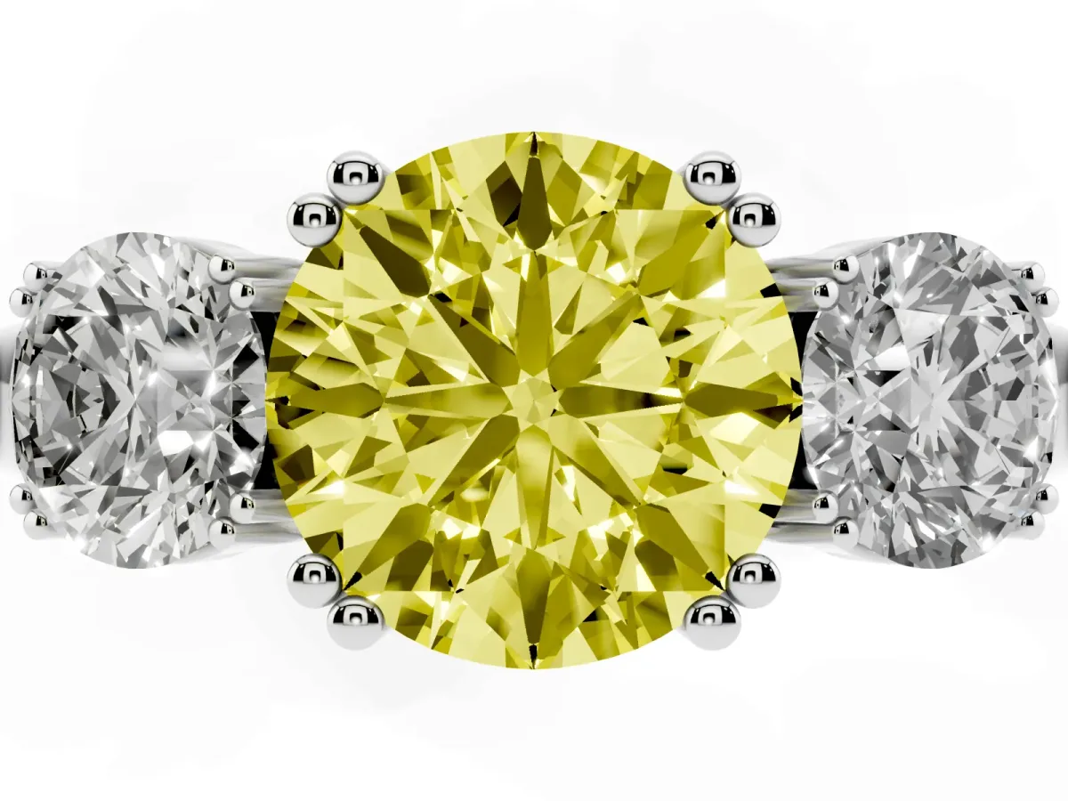 Fancy Yellow Three-Stone Round Cut Cut Diamond Ring with Channel Set Band and Four-Prong Setting Platinum