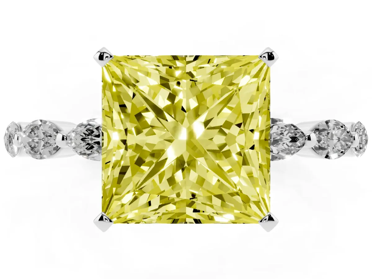 Fancy Yellow Princess Cut Diamond Ring with Marquise Side Stones and Prong Setting Platinum
