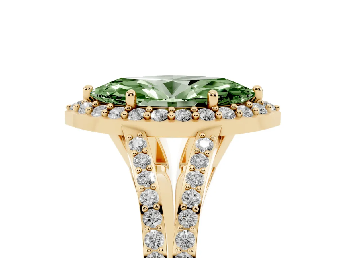 Fancy Green Marquise Cut Halo Split Shank Pave Diamond Ring with Four-Prong Setting Yellow gold
