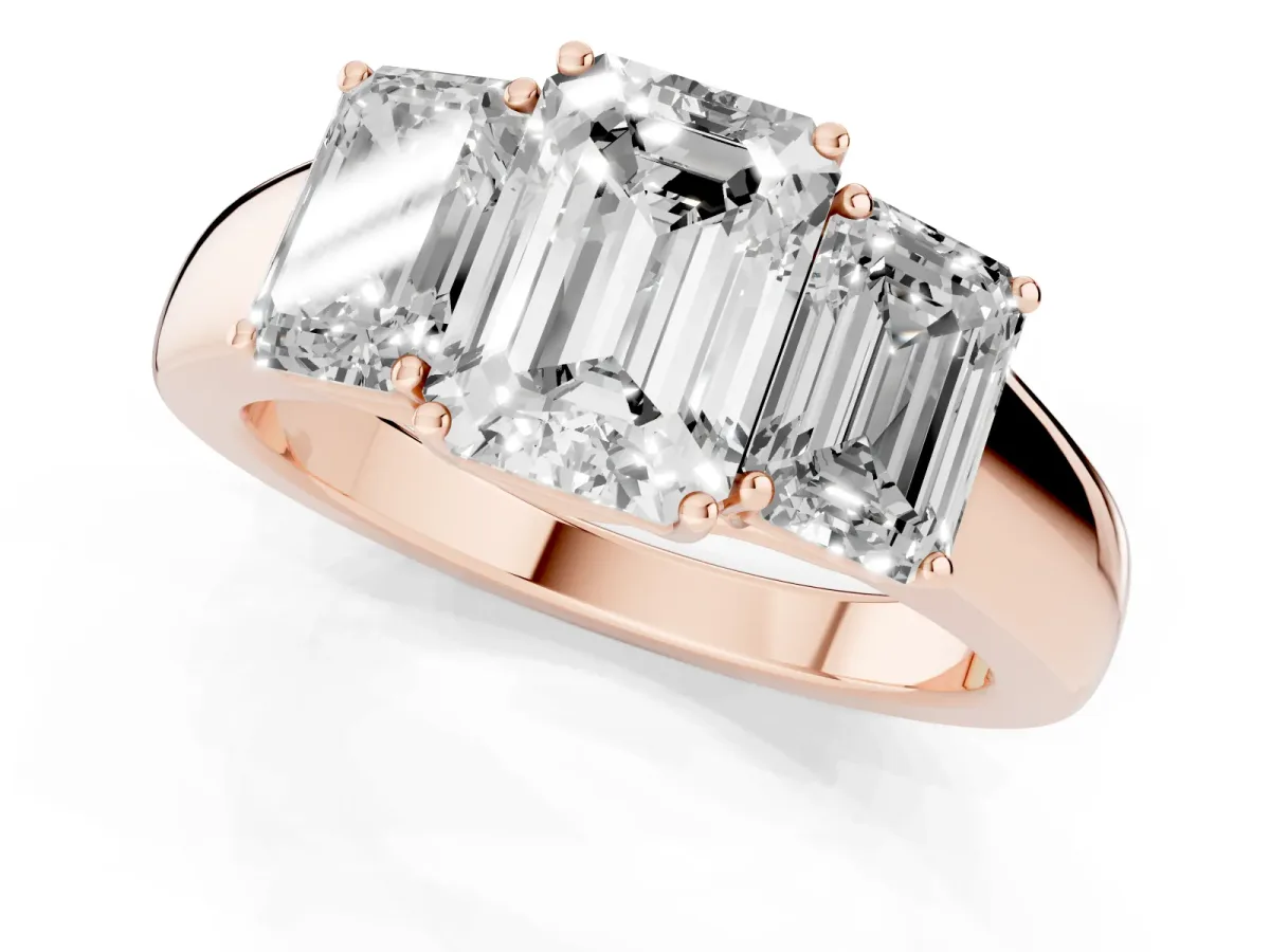 Three-Stone Emerald Cut Cut Diamond Ring with Prong Setting and Classic Band Rose gold
