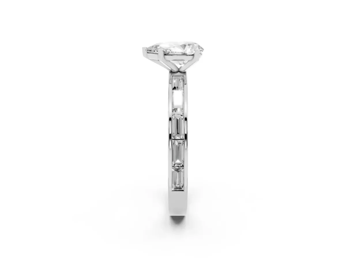 Pear Cut Solitaire Diamond Ring with Channel-Set Baguette Band and Four-Prong Setting White gold