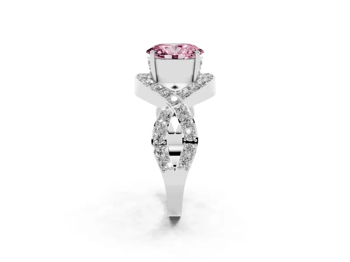 Fancy Pink Oval Cut Solitaire Twist Band Pavé Diamond Engagement Ring Silver