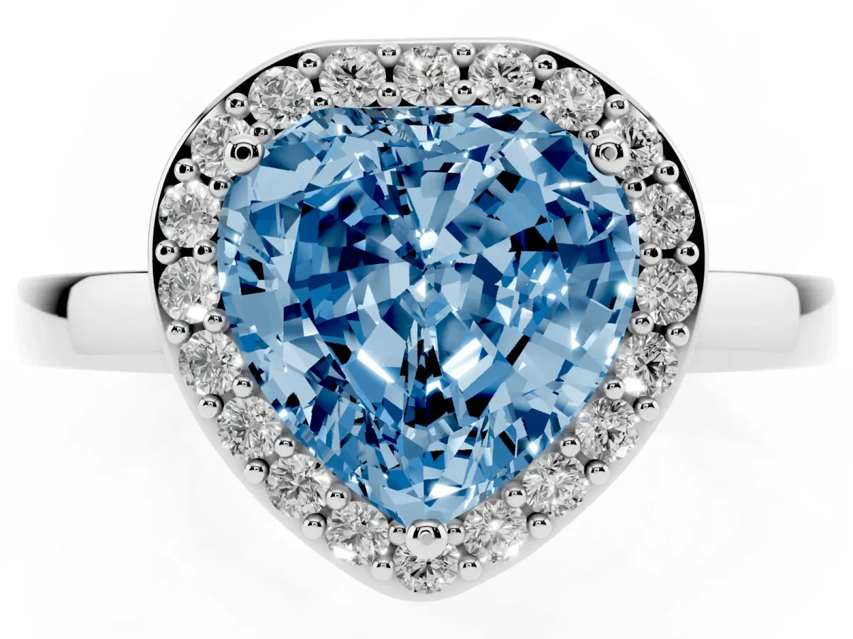Fancy Blue Heart Cut Halo Diamond Ring with Solitaire Band and Prong Setting Silver