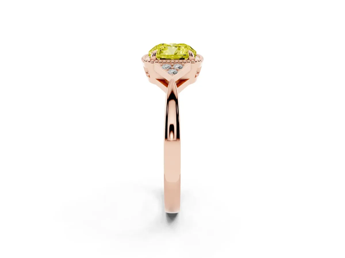 Fancy Yellow Hexagonal Halo Cushion Cut Diamond Solitaire with Pavé Band and Four-Prong Setting Rose gold
