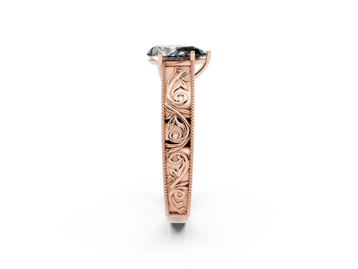 Fancy Black Pear Cut Diamond Solitaire Ring with Engraved Band and Four-Prong Setting Rose gold