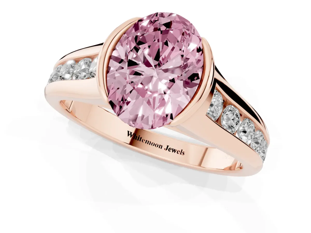 Fancy Pink Oval Cut Solitaire Bezel-Set Diamond Ring with Channel-Set Band Rose gold