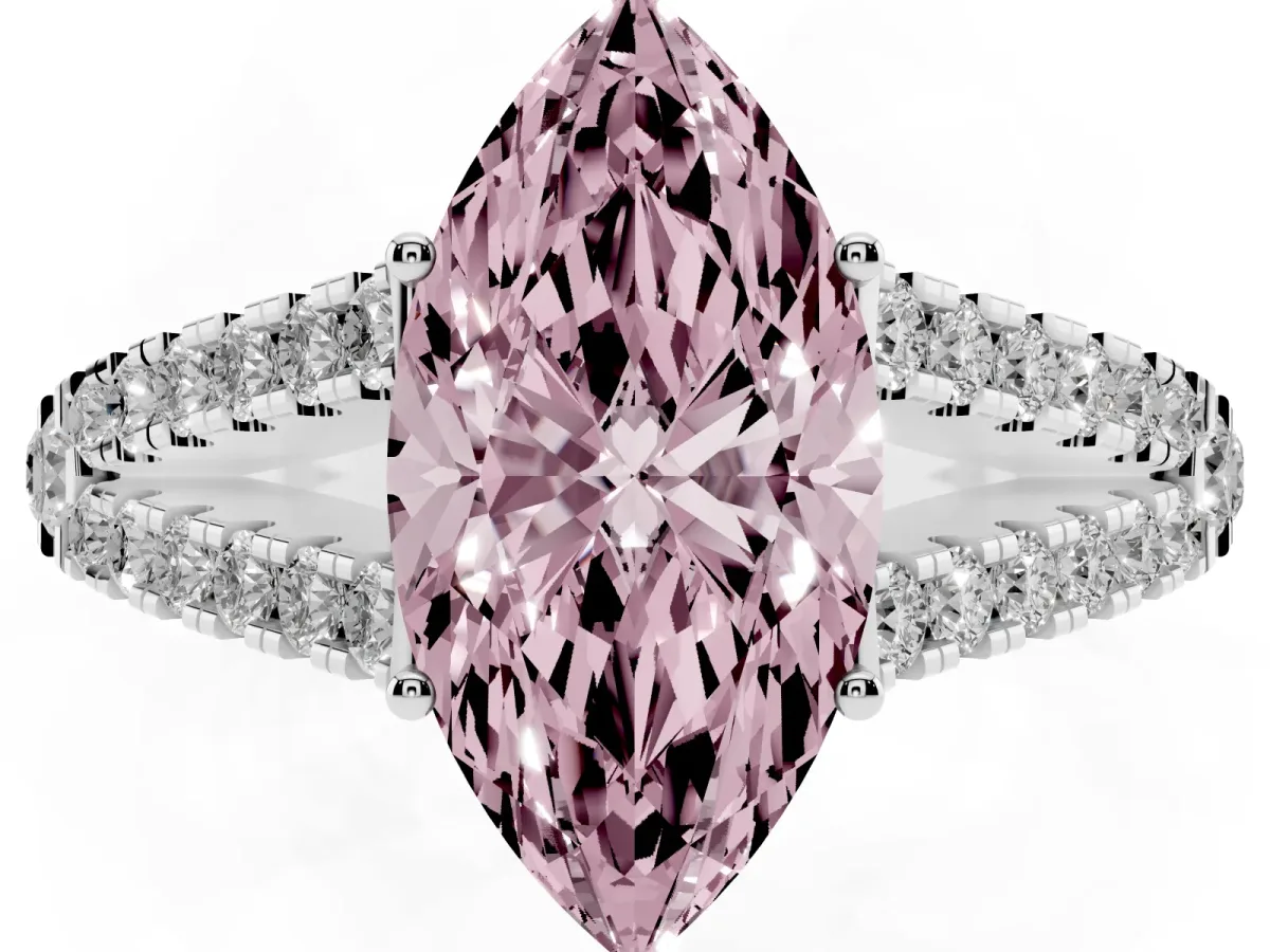 Fancy Pink Marquise Cut Diamond Split Shank Pavé Engagement Ring with Four-Prong Setting Platinum