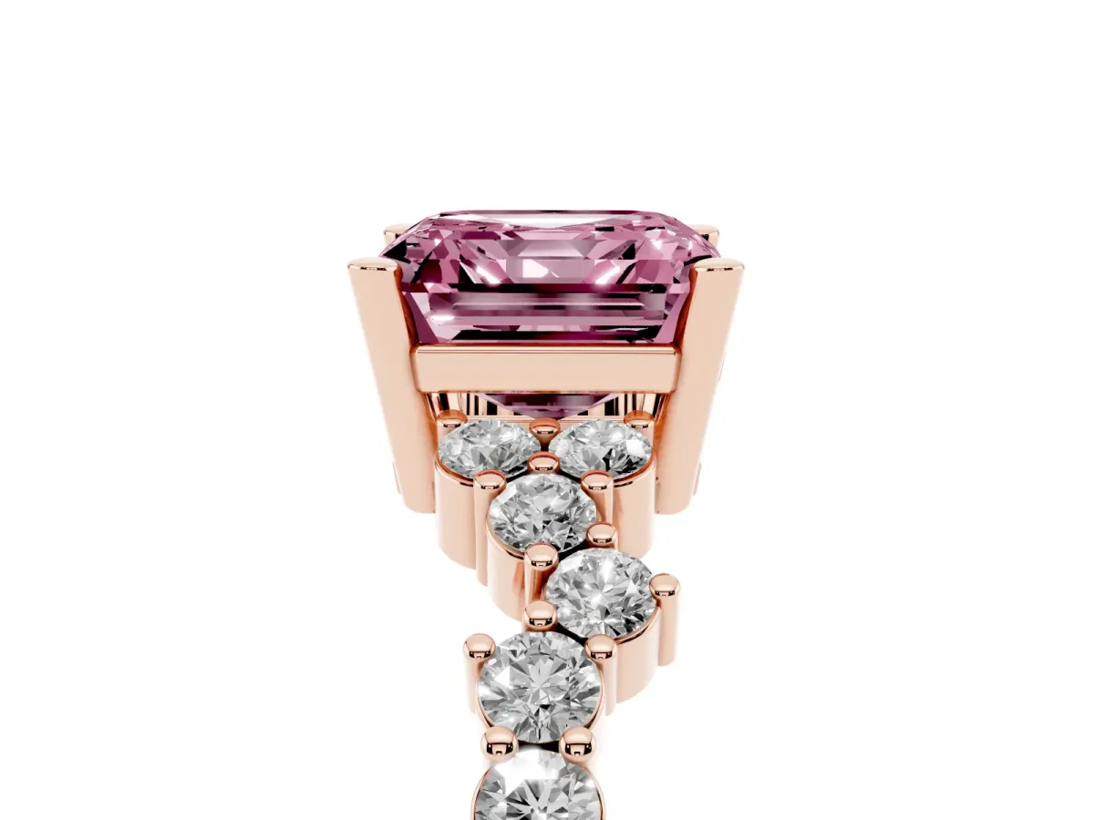 Fancy Pink Asscher Cut Diamond Scattered Round Accent Ring with Prong Setting Rose gold