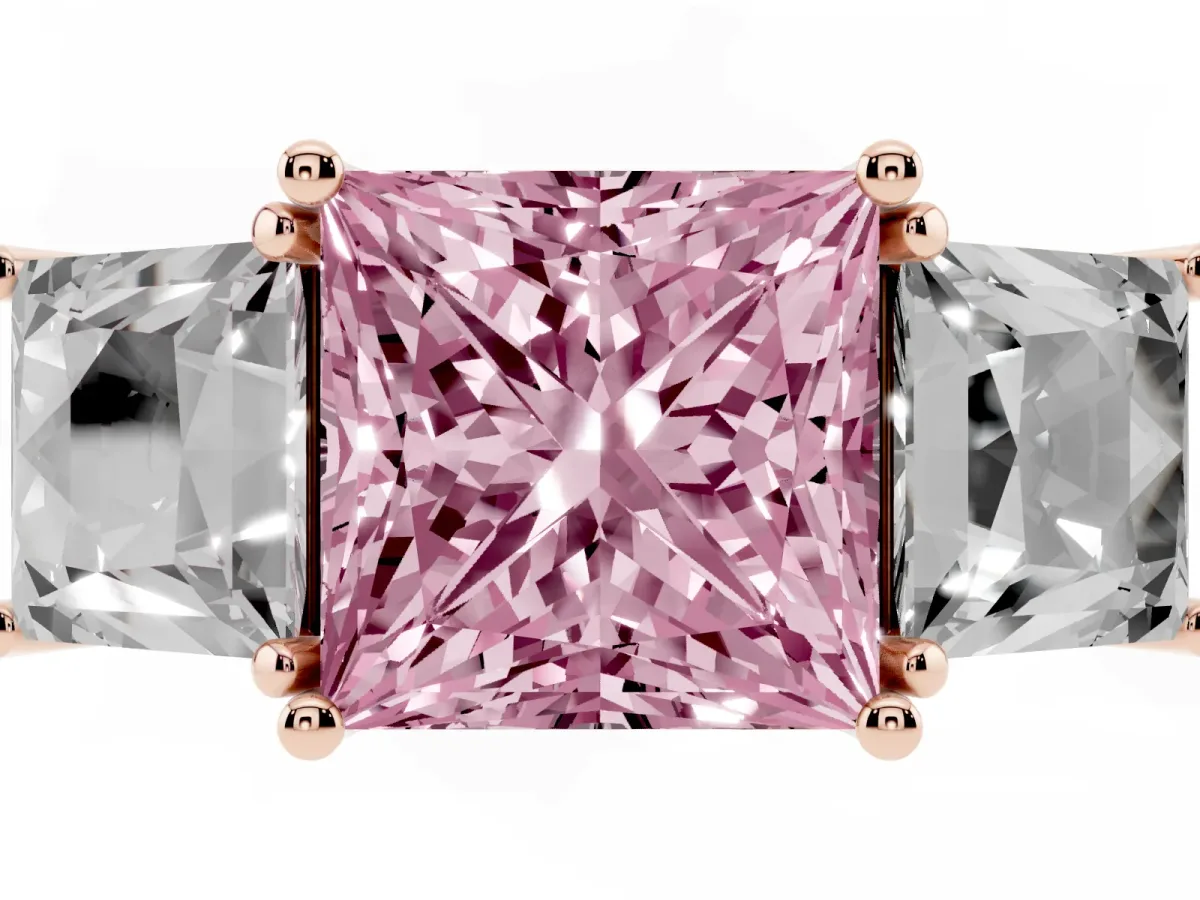 Fancy Pink Three-Stone Princess Cut Diamond Pavé Band with Prong Setting Rose gold