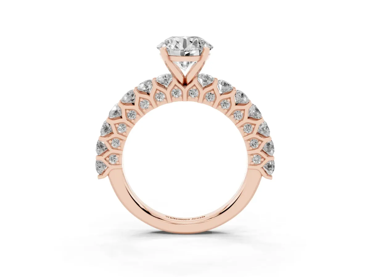 Round Cut Diamond Solitaire Ring with Shared Prong Pavé Band and Four-Prong Setting Rose gold