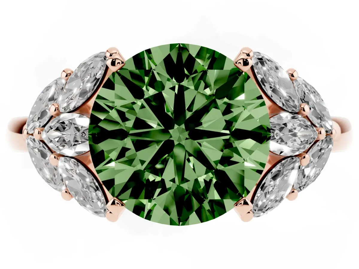Fancy Green Round Cut Diamond Cluster Leaf Design Ring with Prong Setting Rose gold