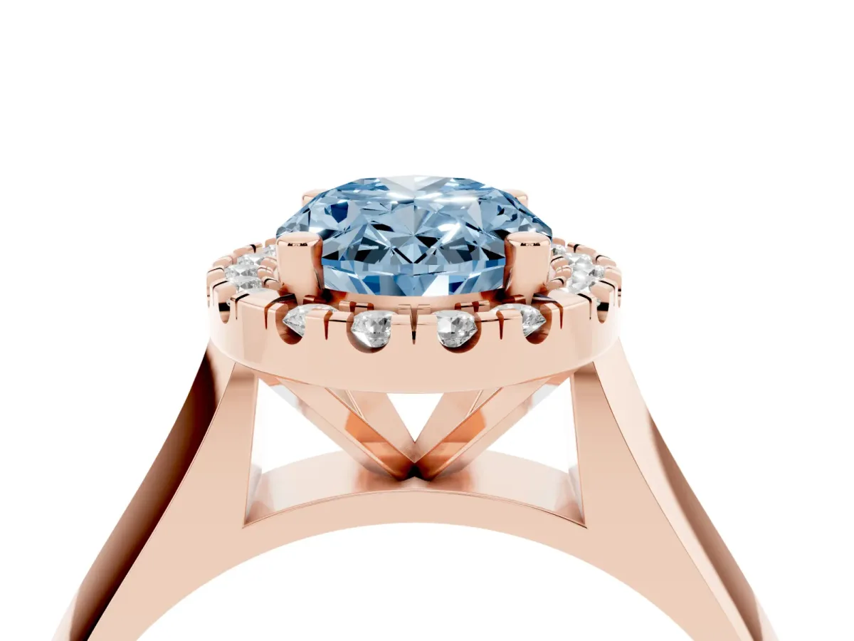 Fancy Blue Oval Cut Cut Halo Solitaire Engagement Ring with Square Band and Four-Prong Setting Rose gold