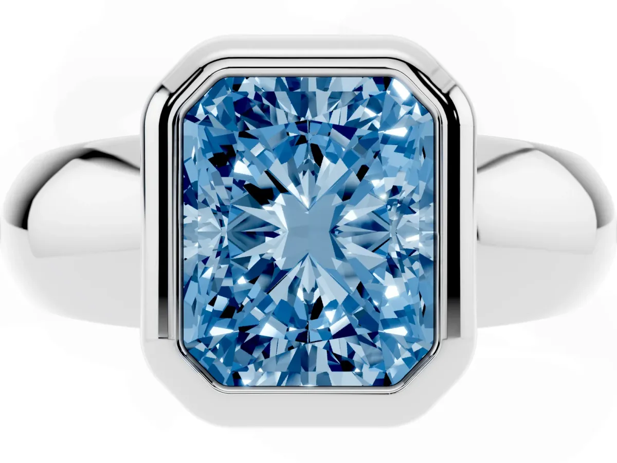 Fancy Blue Bezel Set Radiant Cut Solitaire Ring with Wide Band Silver