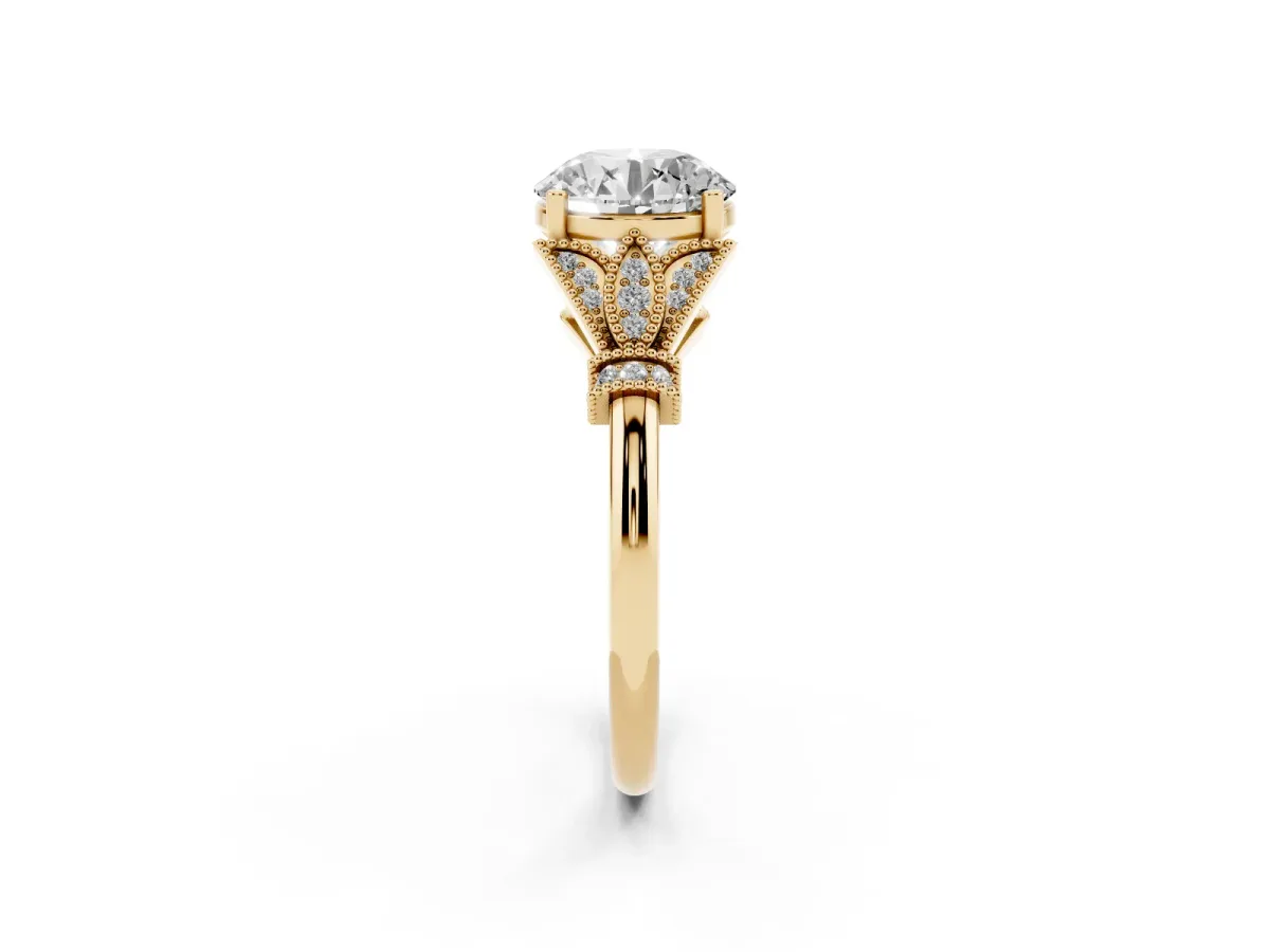 Round Cut Diamond Solitaire Ring with Floral Filigree and Pave Accents Yellow gold
