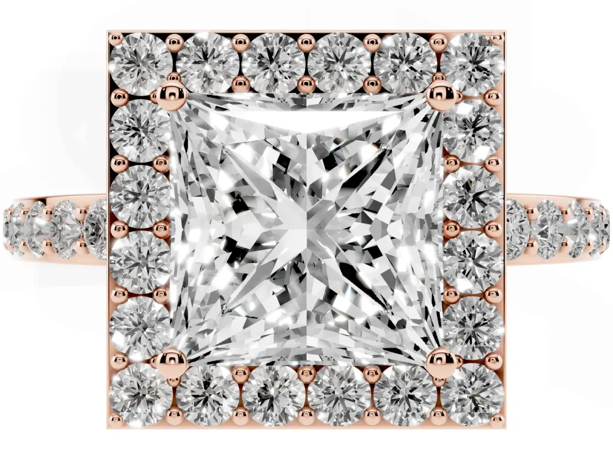 Princess Cut Halo Diamond Pavé Band Ring with Prong Setting Rose gold
