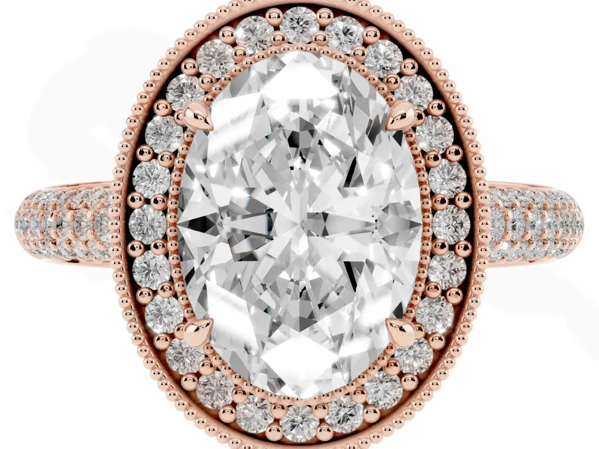 Oval Cut Cut Halo Diamond Pave Band with Four-Prong Setting Rose gold