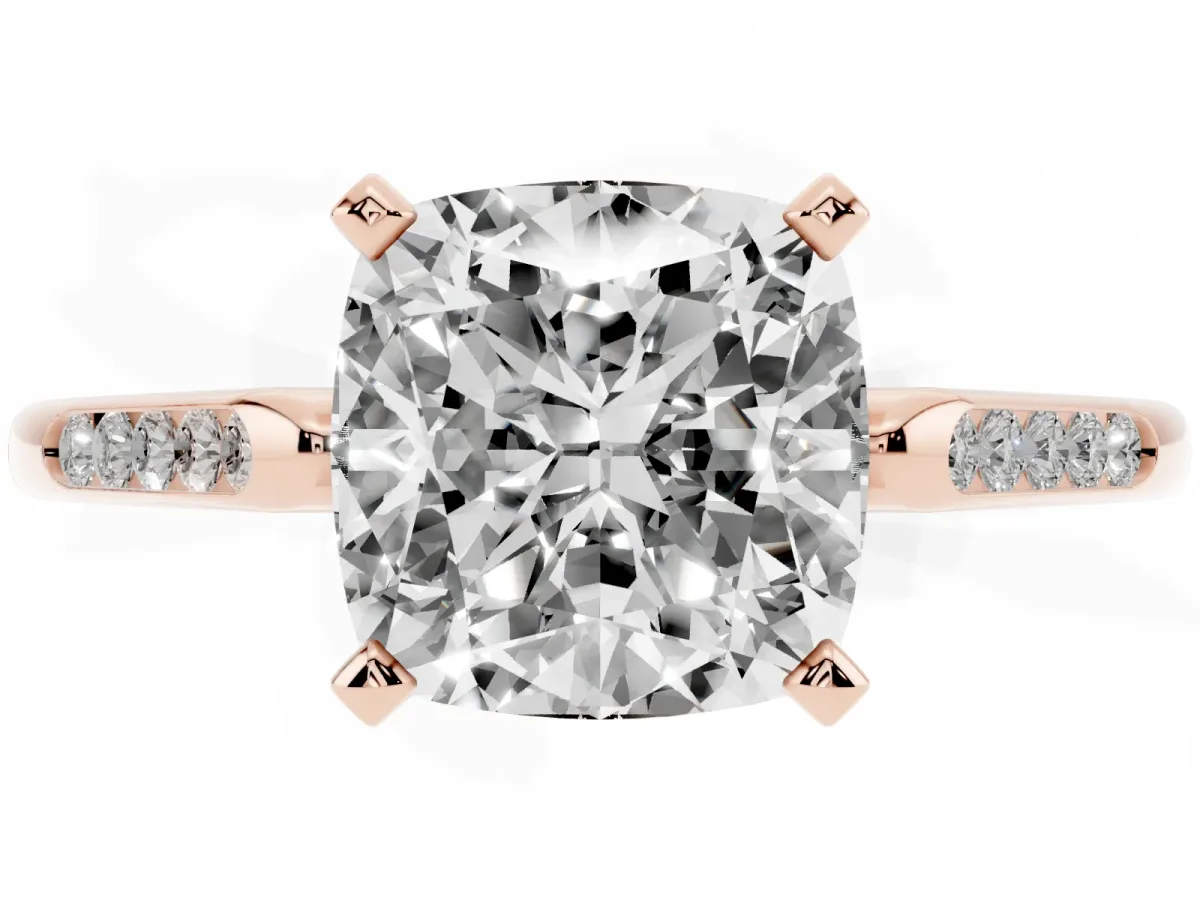 Cushion Cut Diamond Solitaire Ring with Channel Set Round Band and Prong Setting Rose gold