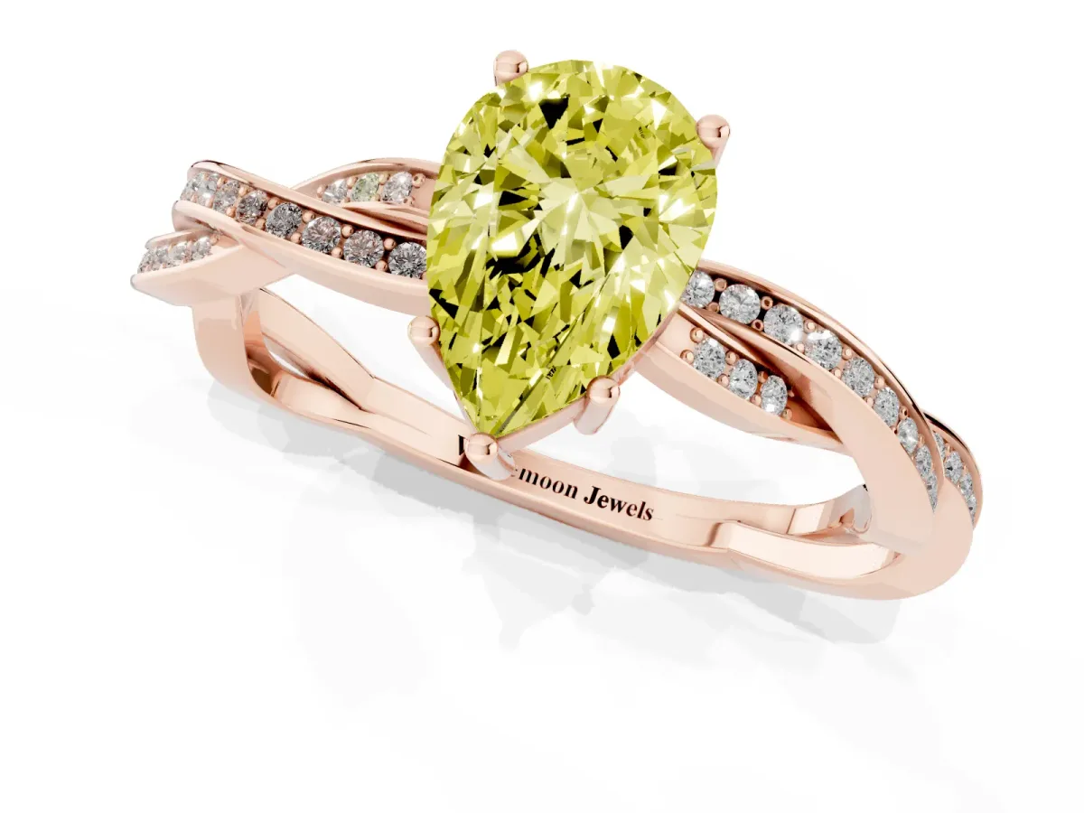 Fancy Yellow Pear Cut Solitaire Twisted Pave Diamond Ring with Four-Prong Setting Rose gold