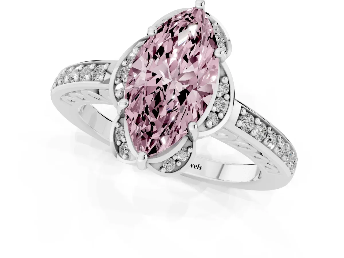 Fancy Pink Marquise Cut Cut Halo Diamond Ring with Channel Set Band and Four-Prong Setting Silver