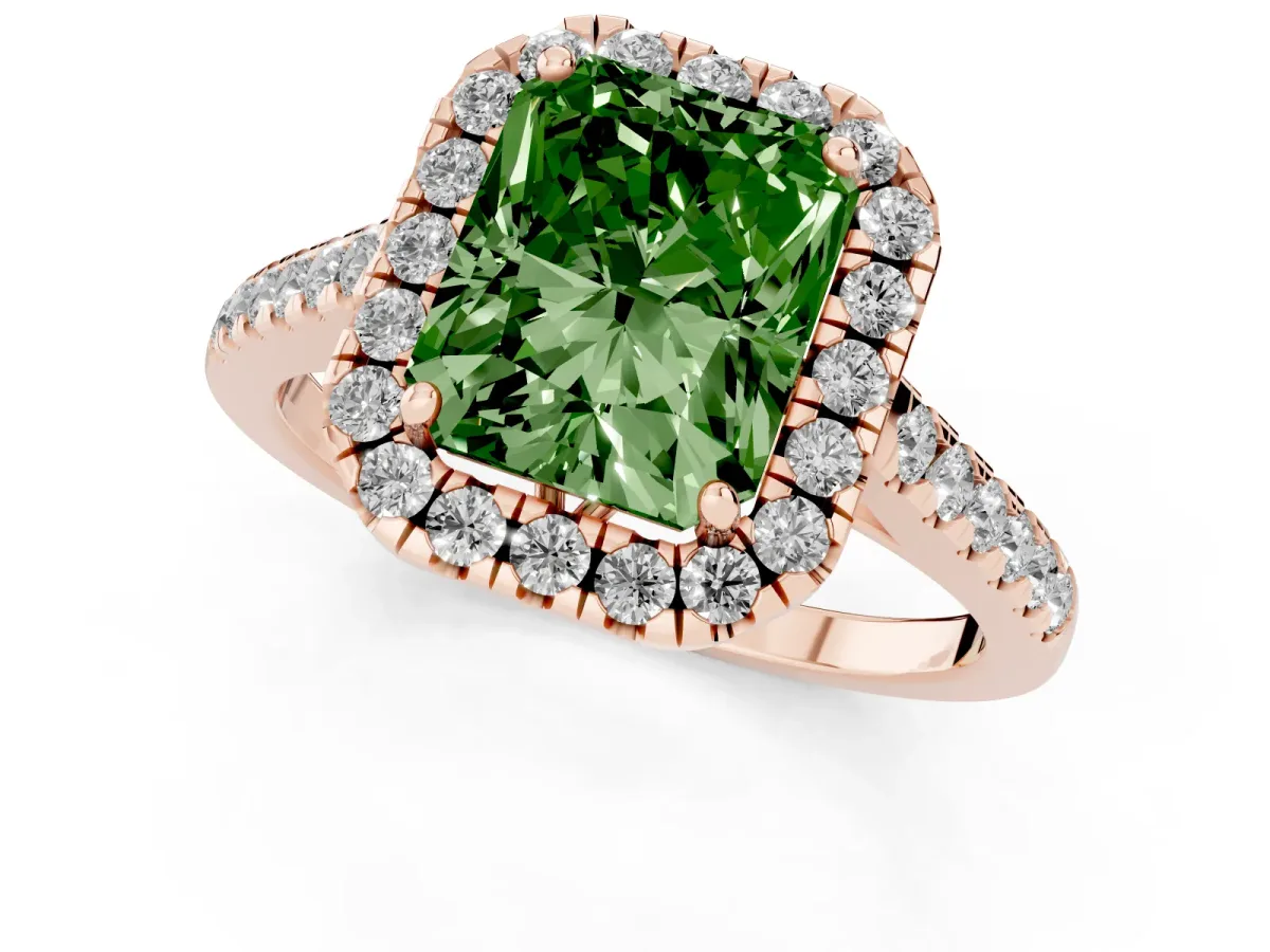 Fancy Green Radiant Cut Halo Pavé Diamond Engagement Ring with Four-Prong Setting Rose gold