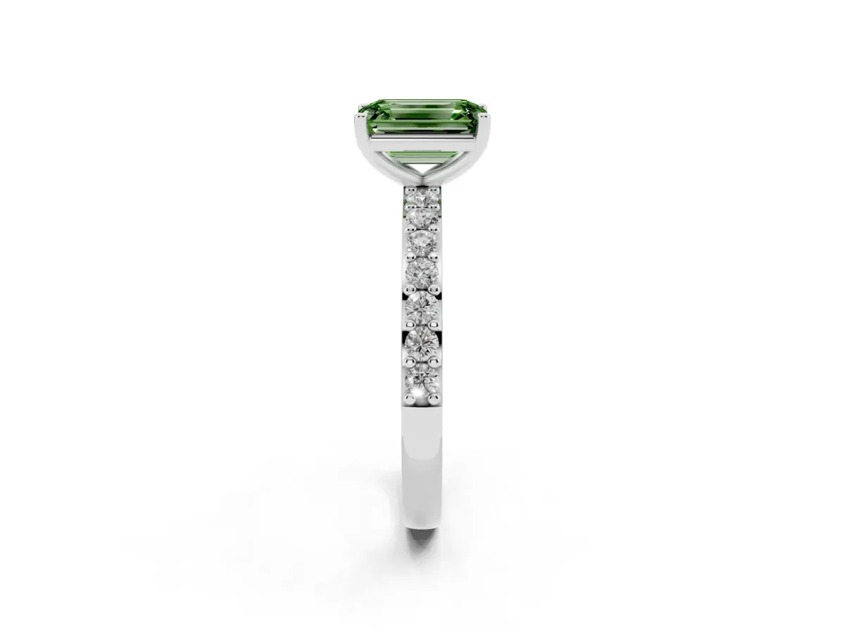 Fancy Green Emerald Cut Cut Diamond Solitaire with Pave Band and Four-Prong Setting Silver