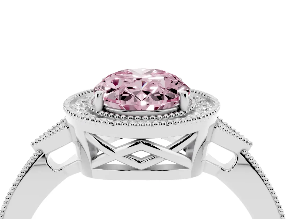 Fancy Pink Oval Cut Halo Round Diamond Milgrain Pave Engagement Ring Silver